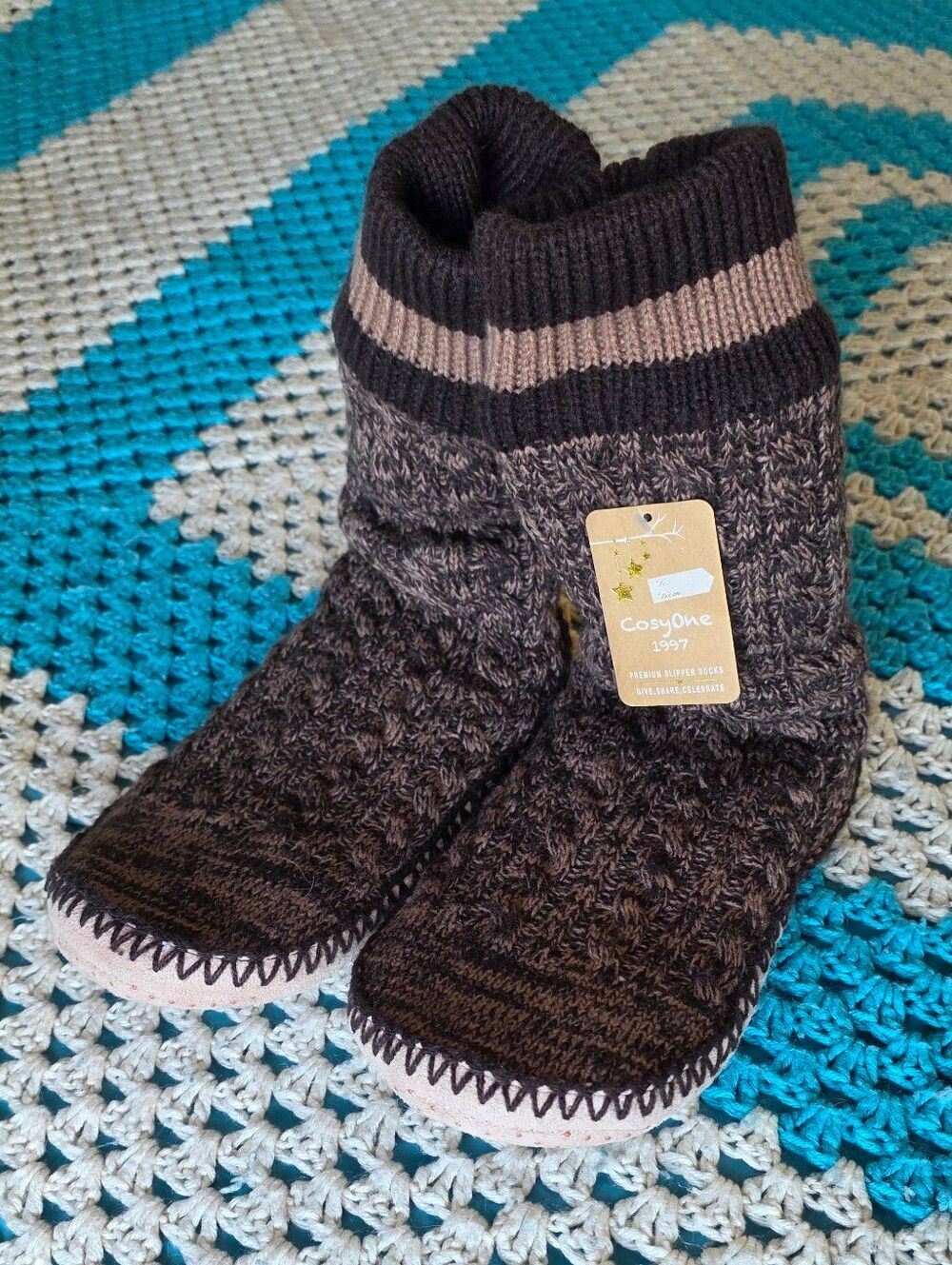 NWT CosyOne Knit Slipper Socks in Brown and Tan With Grippy Bottom